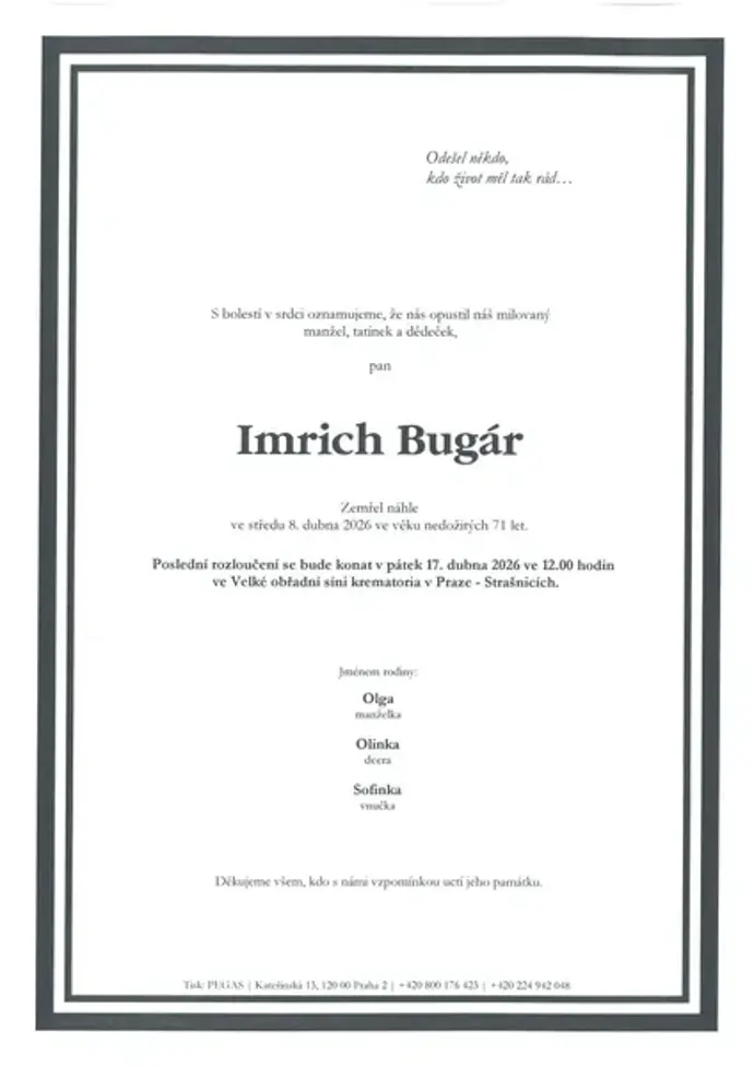FOTO: Smuteční parte Imricha Bugára. – stránka 48