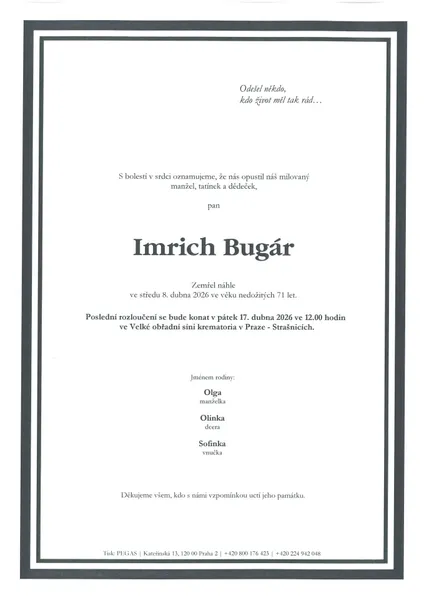 FOTO: Smuteční parte Imricha Bugára.