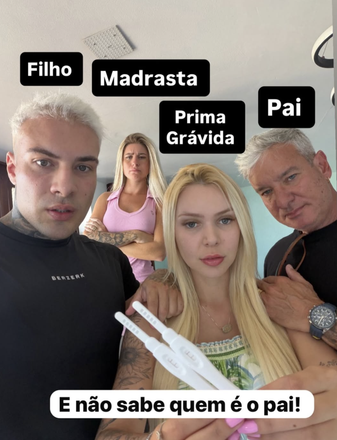 FOTO: Příspěvek na instagramu Debory Peixoto: "Syn, nevlastní máma, těhotná sestřenice, táta. A nikdo neví, kdo je otcem." – stránka 1