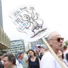 Pozornost davu poutala ostrá satirická karikatura mířící na předsedu hnutí ANO Andreje Babiše.