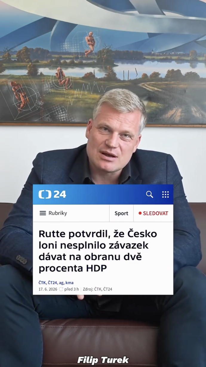FOTO: Jako důkaz použil zprávu z ČT24, která potvrzuje, že Česko loňský dvouprocentní armádní cíl nesplnilo. – stránka 32