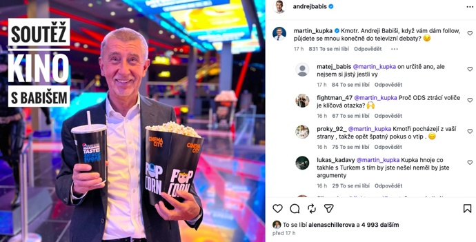 FOTO: Andrej Babiš vyzývá fanoušky na Instagramu aby soutěžili o kino s ním. Martin Kupka reaguje – stránka 22