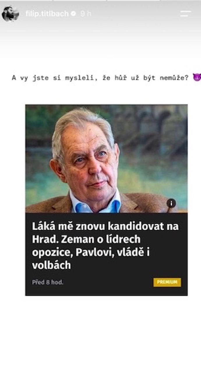 FOTO: Možná kandidatura Miloše Zemana na prezidenta pobavila novináře Filipa Titlbacha. – stránka 2