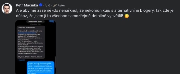 FOTO: Soukromou konverzaci mezi novinářkou Zdislavou Pokornou, zveřejnil Petr Macinka na svém Facebooku. – stránka 7