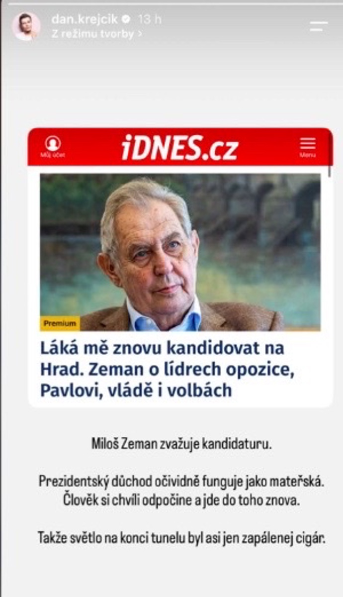FOTO: Herec Dan Krejčík přirovnal prezidentský důchod k mateřství. – stránka 1