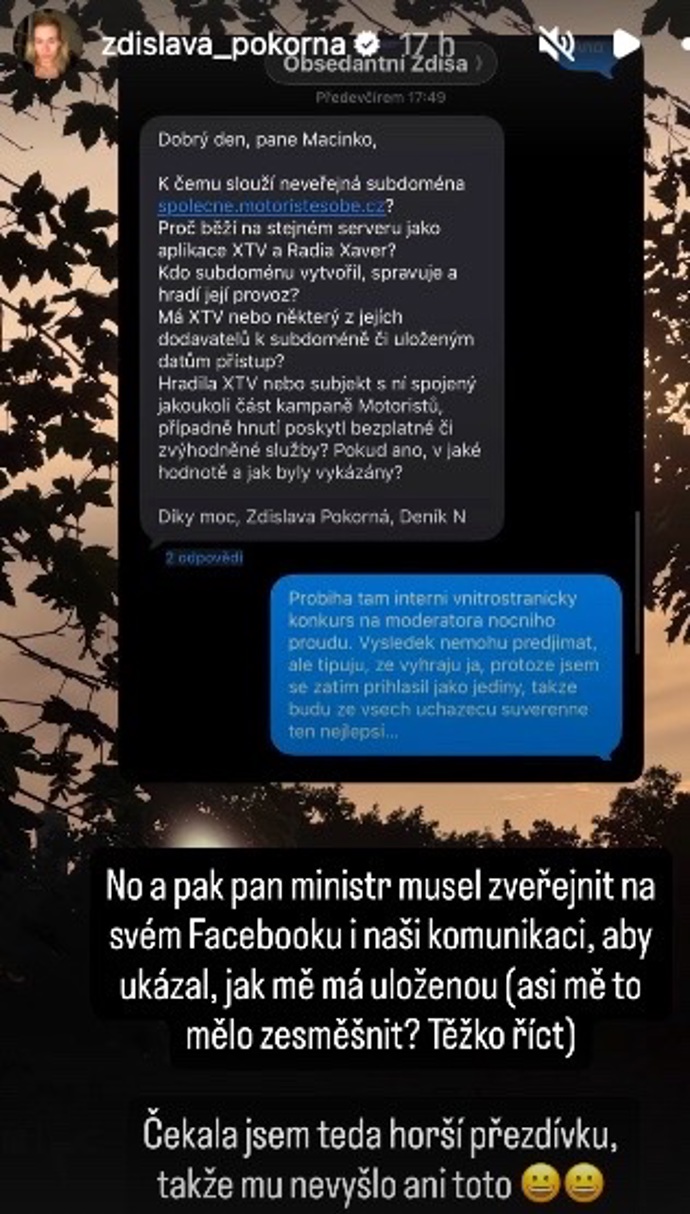 FOTO: Soukromou konverzaci mezi novinářkou Zdislavou Pokornou, zveřejnil Petr Macinka na svém Facebooku. – stránka 8